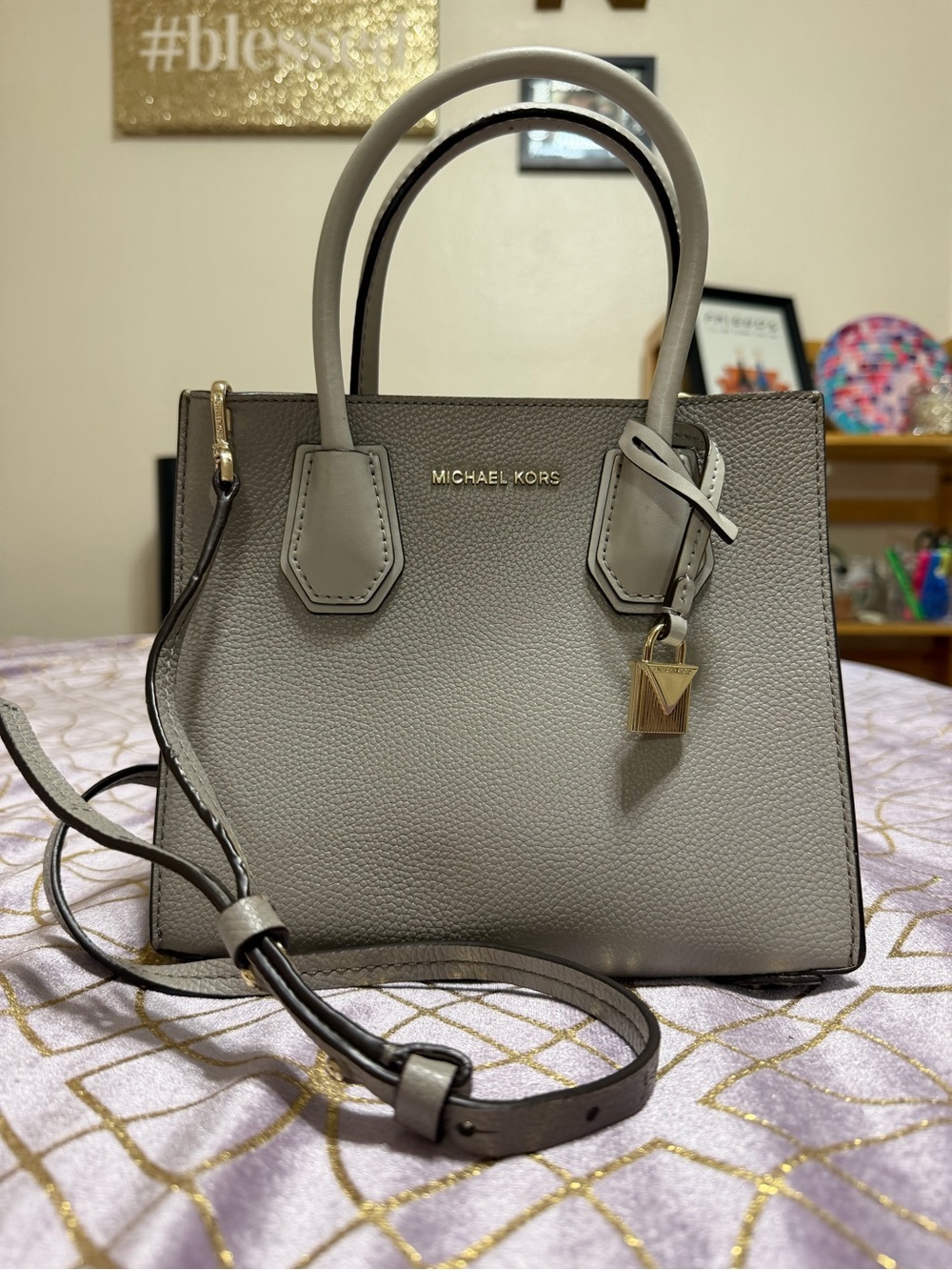 Michael Kors Gray Leather Satchel with Gold Hardware